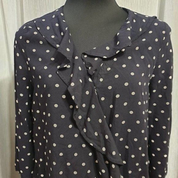 SEED HERITAGE AU-10 Dark Navy Blue/White Long Sleeve Top Polka Dot Ruffled Front - Picture 2 of 12